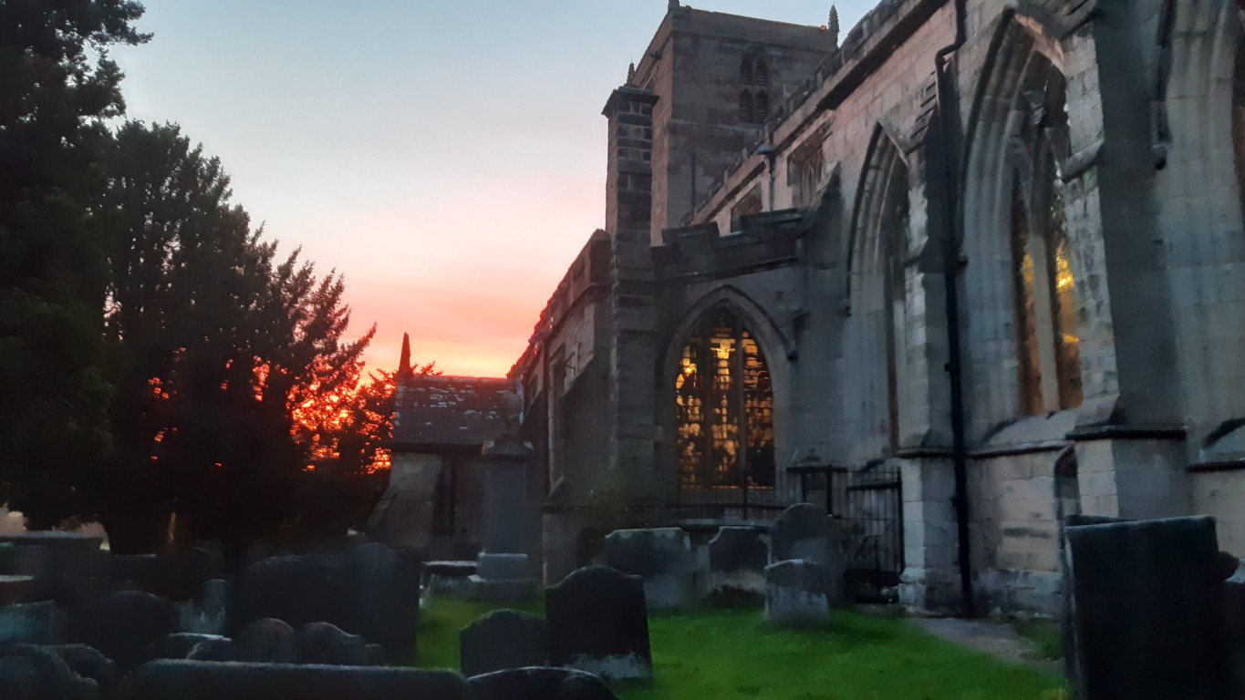 The south of the church at sunset